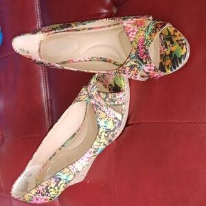 Dexflex Comfort Dessus Tissu Wedge Heels Shoes Open Peep Toe Floral Flowers 8.5